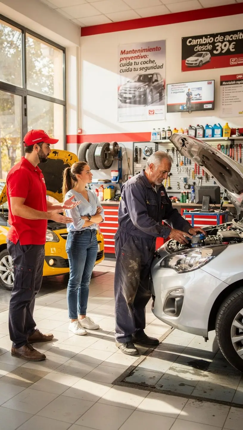 Cliente recibiendo explicación clara y transparente sobre beneficios del mantenimiento periódico en centro de autos.
